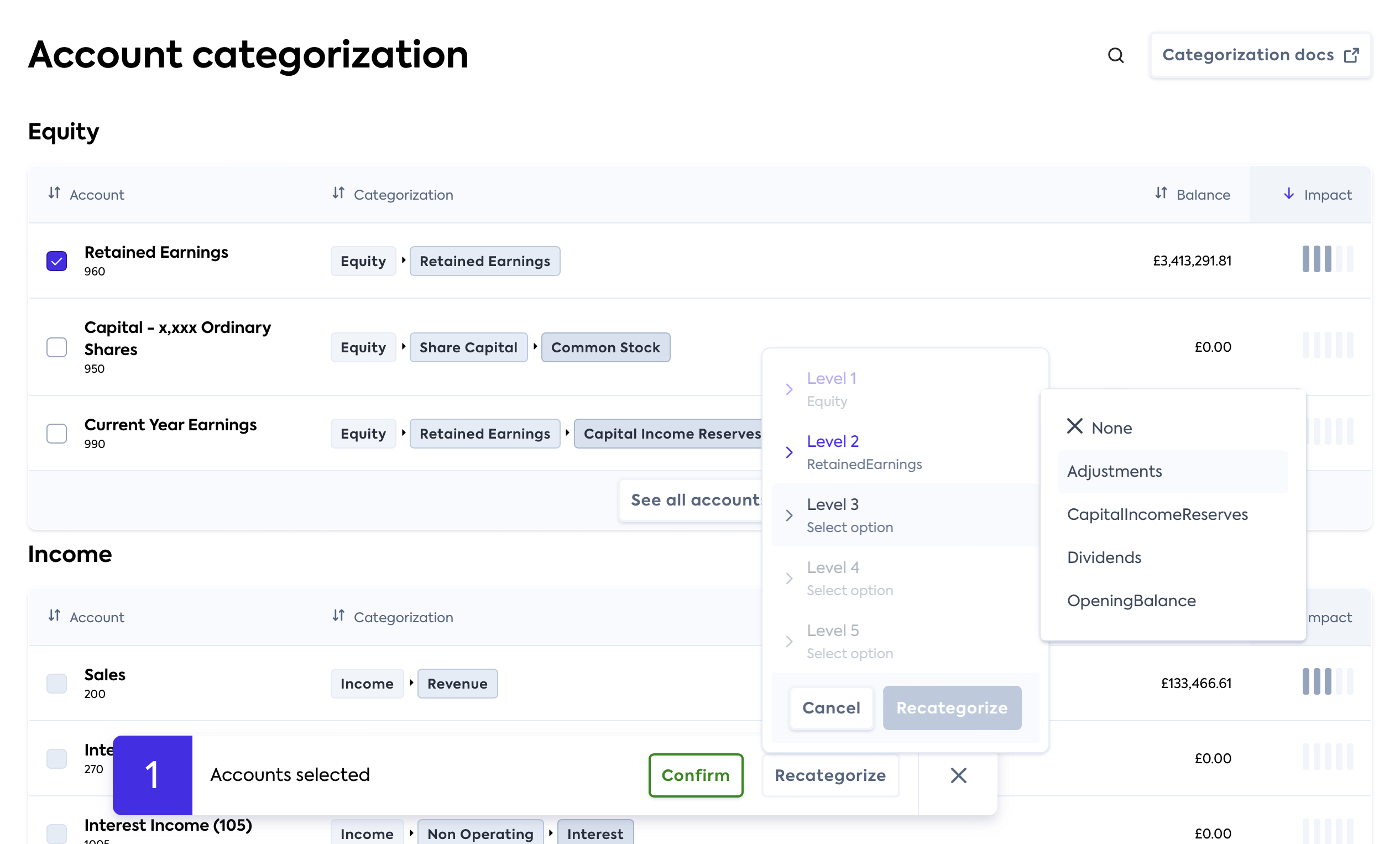 Example account re-categorization