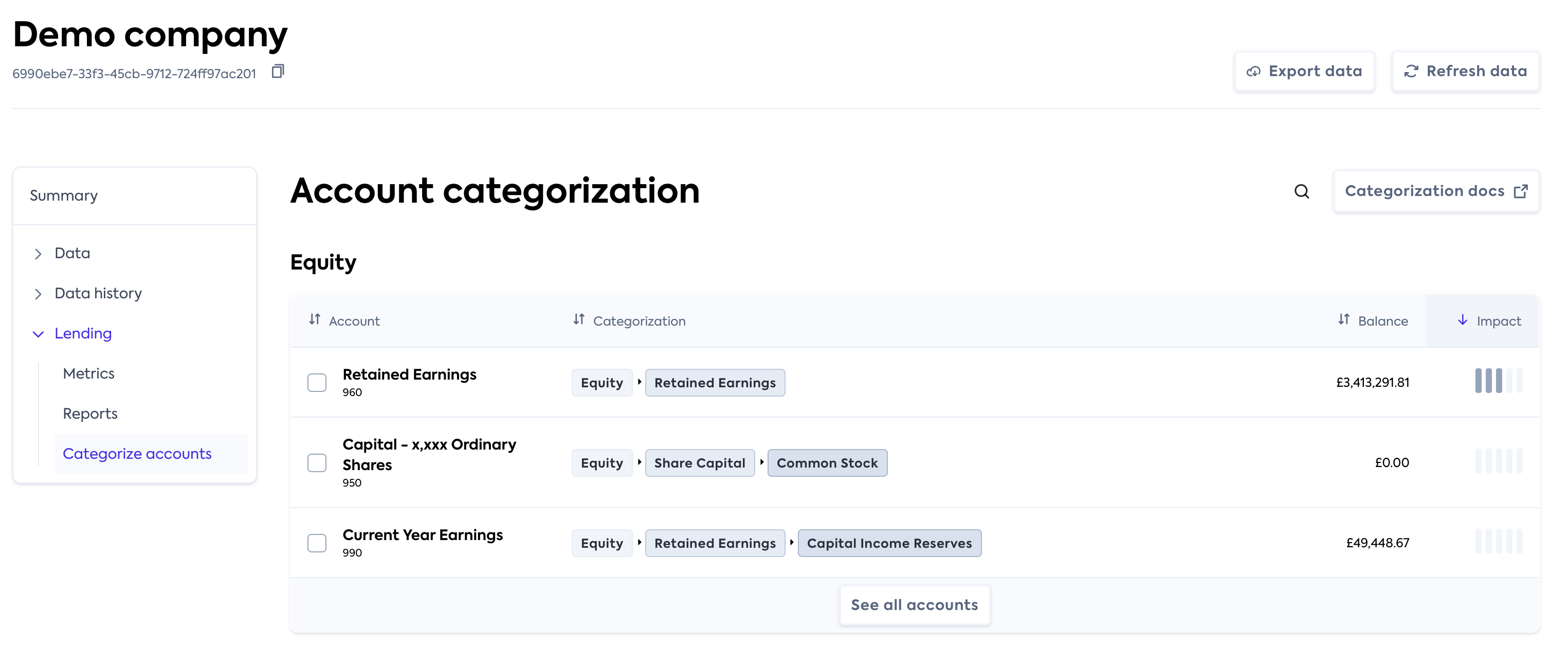 Example account categorization view