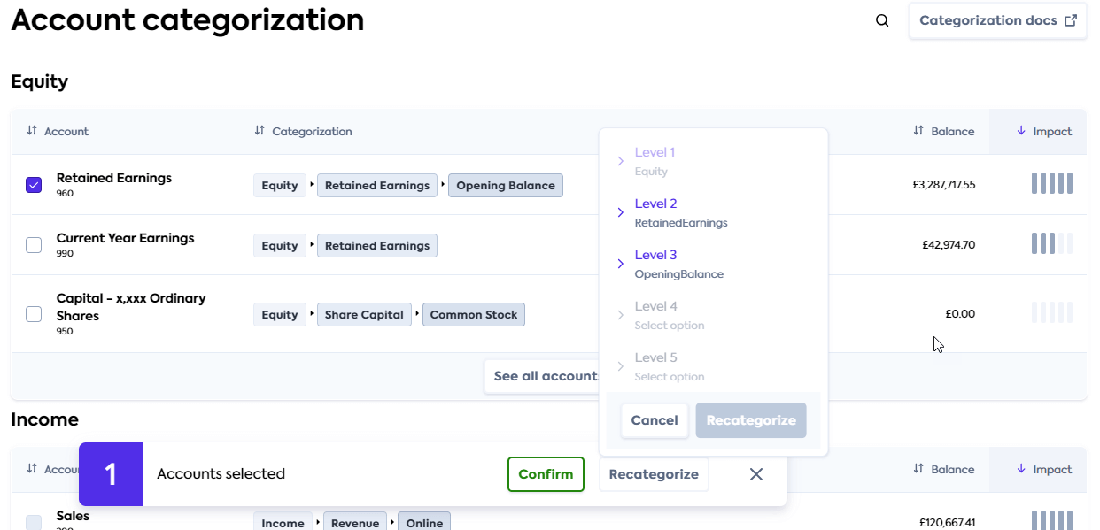 An image of the Lending Categorization view in the Portal with an account in process of recategorizing