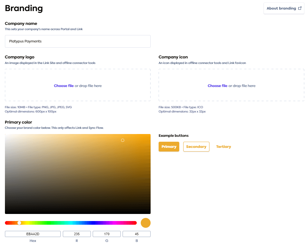 Branding settings screen with company name, logo, icon, and color picker displayed