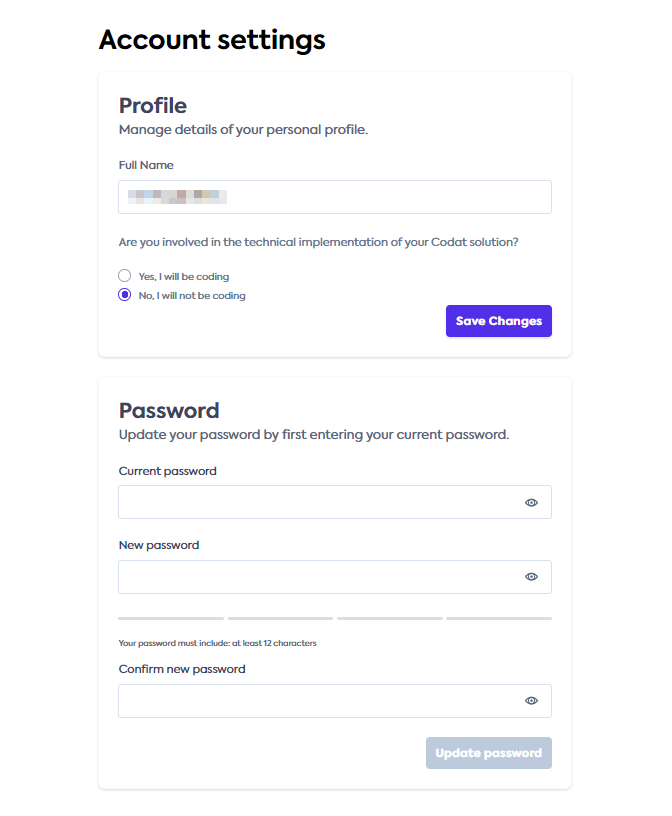 A screenshot of Account settings page with 