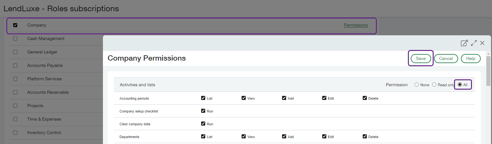 Screenshot of Sage Intacct interface displaying the Modules list in the background, with the Company line outlined. In the foreground, the permissions pop-up for Company is visible. The All radiobutton is selected, and the Save button is outlined.