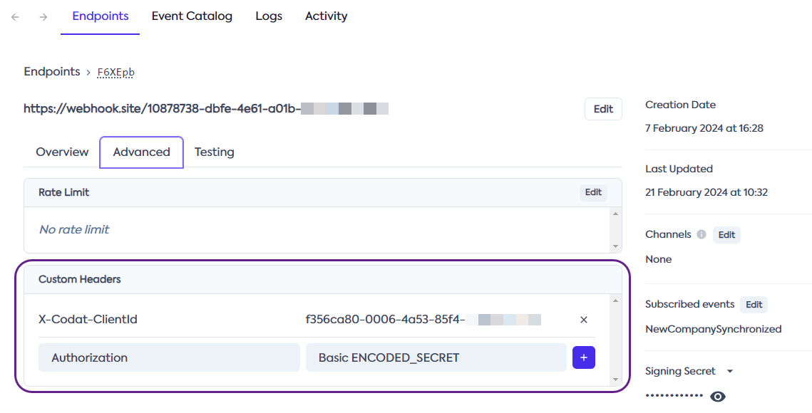 A fragment of the webhook UI that displays the detailed endpoint view with two custom headers added to it