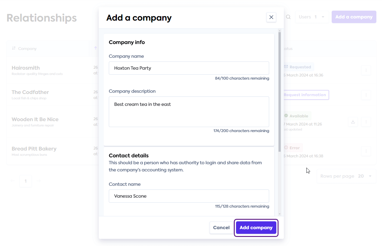 An image of the Relationship Manager Portal user interface with the company creation window open