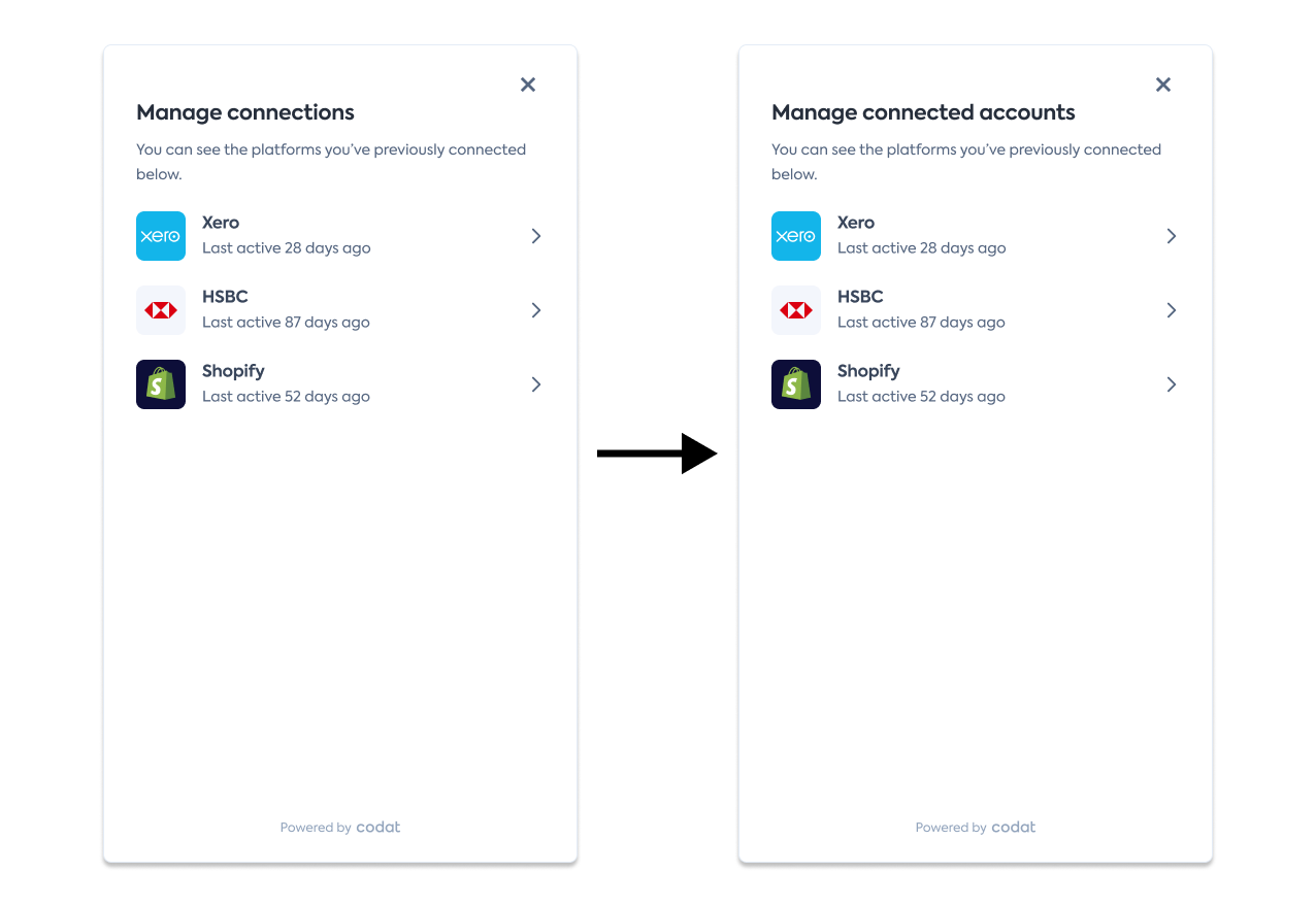 Screenshot showing the Connection Management SDK landing page before and after the change, with the old title &#39;Manage connections&#39; replaced by the new title &#39;Manage connected accounts&#39;.