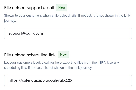 The Onboarding tab of the Link settings in the Codat Portal, showing the File upload support email and File upload scheduling link fields