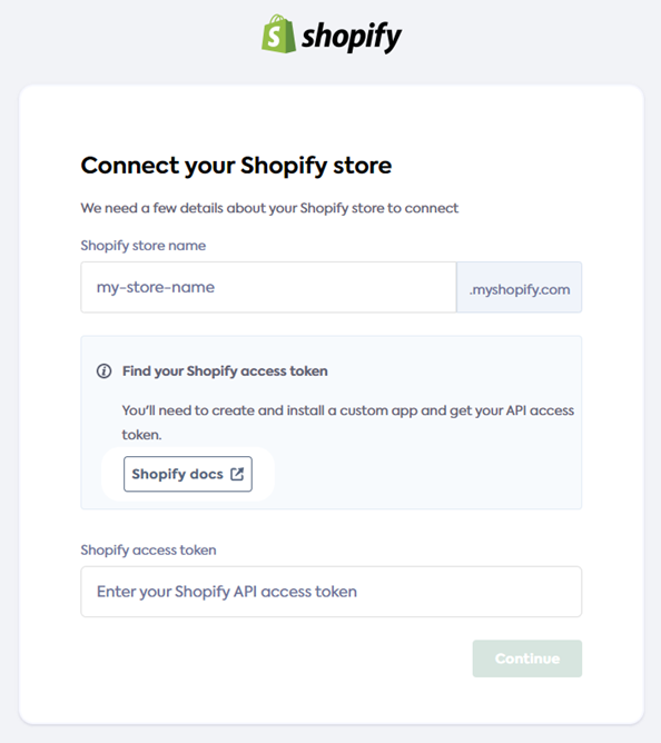 An image of the Shopify store connection UI