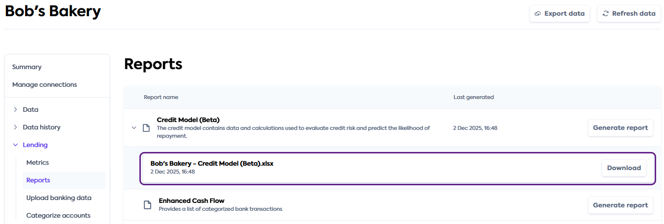 A snippet of the Codat Portal company detail screen with the Lending &gt; Reports path visible and Credit Model report displayed
