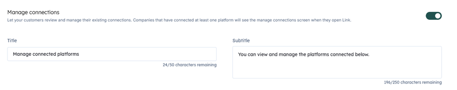 The Manage connections setting in the Codat Portal's Link settings, with a toggle and customizable title and subtitle