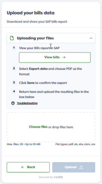 User interface of Codat&#39;s Link flow with the Bills file upload process displayed.