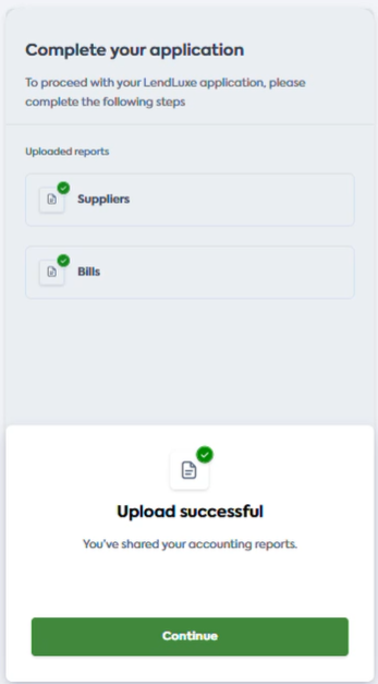 User interface of Codat&#39;s Link flow with the file upload process completion displayed.