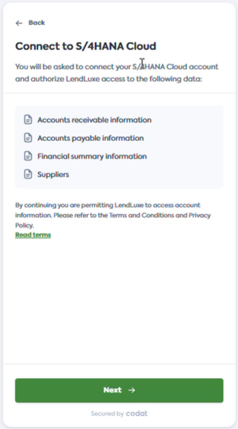 User interface of Codat&#39;s Link flow with the consent screen that lists the data that will be shared.