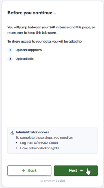 User interface of Codat&#39;s Link flow with the disclaimer screen that explains the file sharing process.