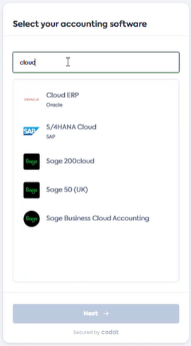 User interface of Codat&#39;s Link flow with the Workday file upload integration selected.