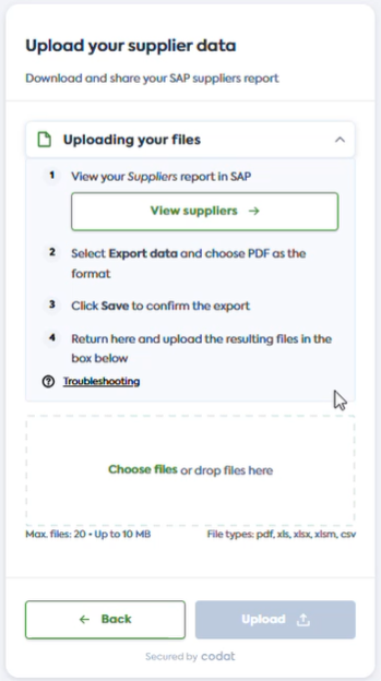 User interface of Codat&#39;s Link flow with the Suppliers file upload process displayed.