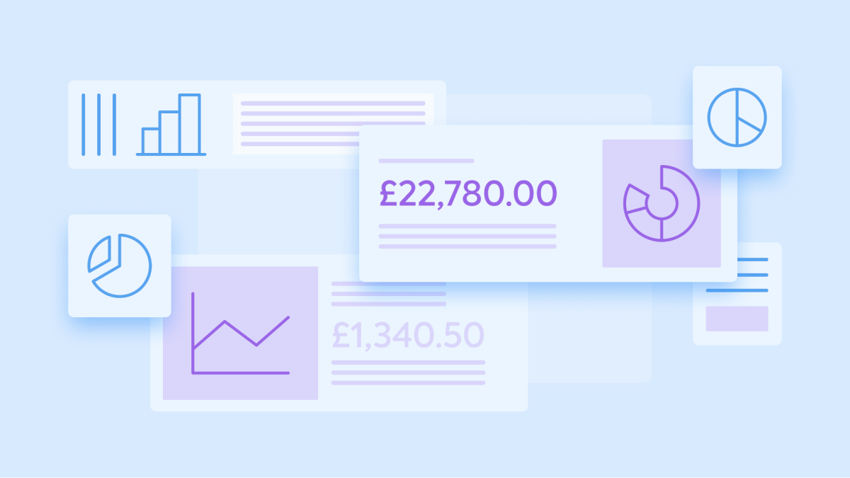 Decorative image of schematic graphs, charts, and amounts that represent insights into spend Codat&#39;s solution provides