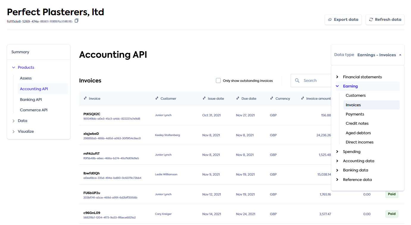 Invoices data type view of Codat's accounting API