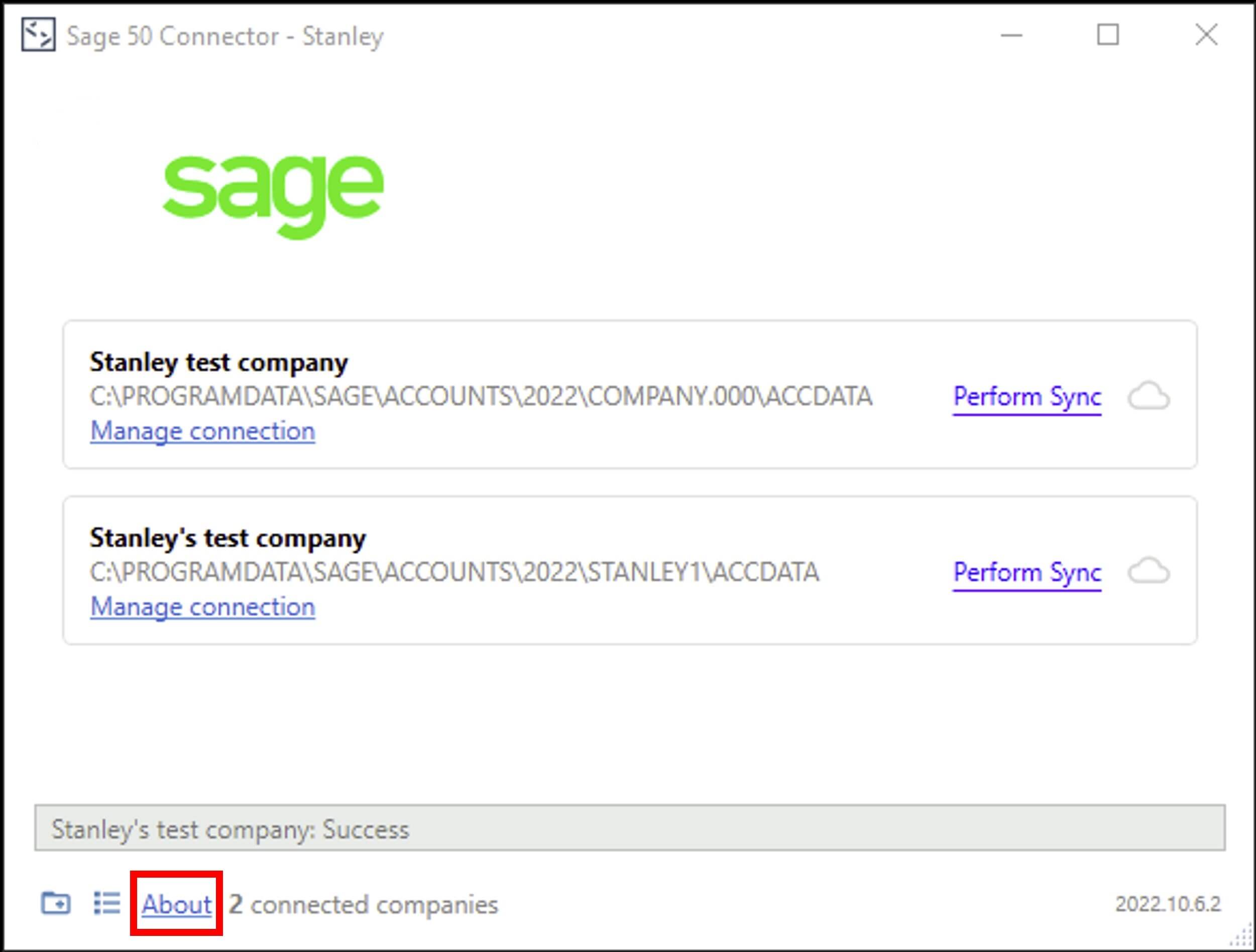 Sage 50 connector window showing the About link highlighted.