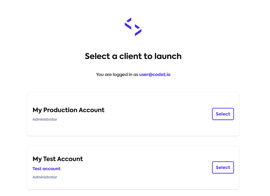 Example of a production environment with a production account and a test account.