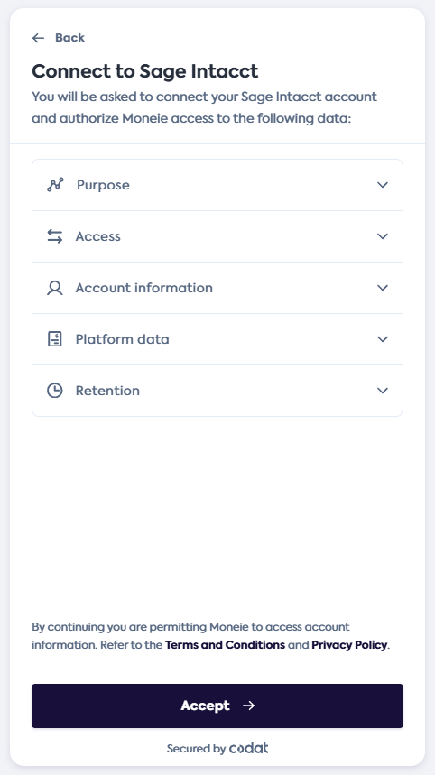 The Link consent screen showing the Purpose, Access, Account information, Platform data, and Retention sections