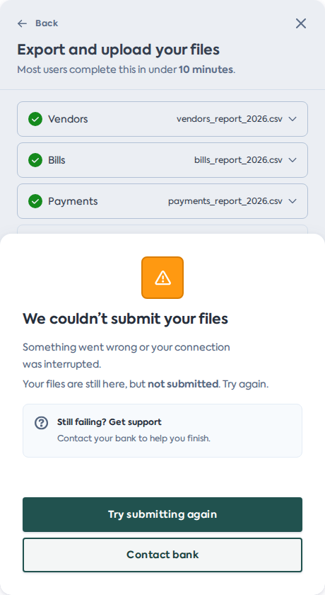 A sheet in Link saying the files couldn't be submitted, with the uploaded files kept, a Try submitting again button, and a Contact bank button