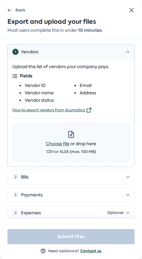 The Intelligent Upload screen in Link, with the Vendors section expanded to show the required fields, a link to export instructions, and a drop zone for a CSV or XLSX file