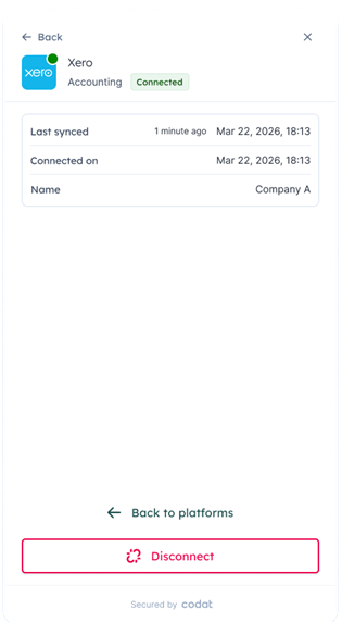 A connected Xero connection in Link showing connection details and a Disconnect button