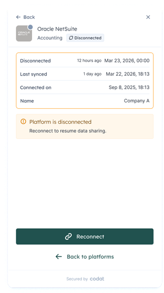 A disconnected Oracle NetSuite connection in Link showing connection details and a Reconnect button